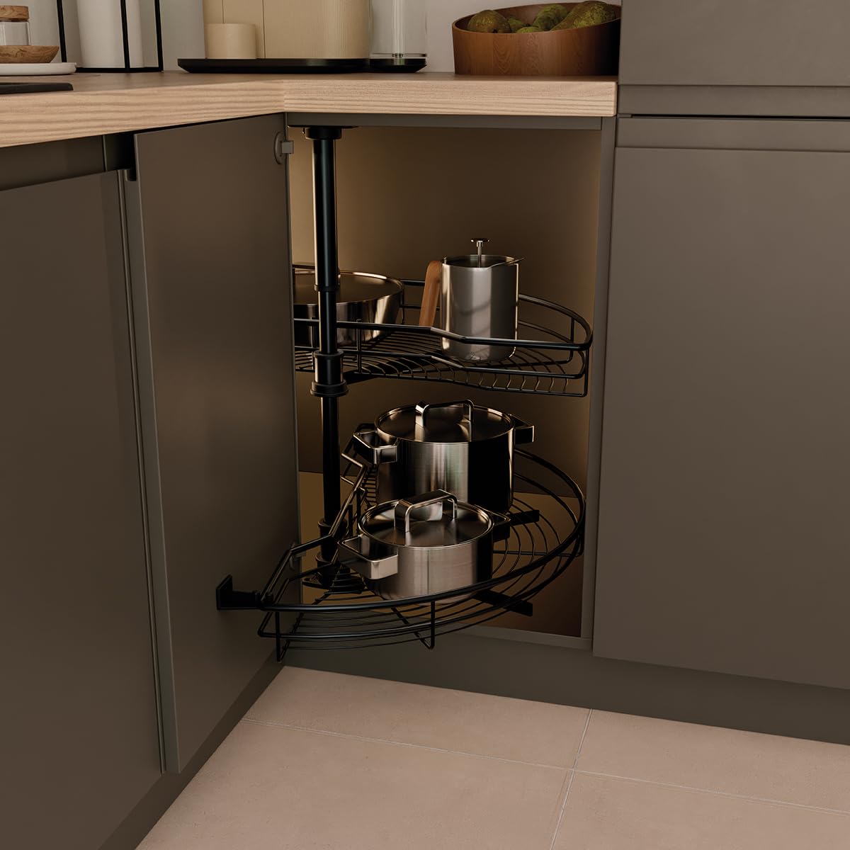 Bandeja semicircular de acero antracita para muebles esquineros de cocina