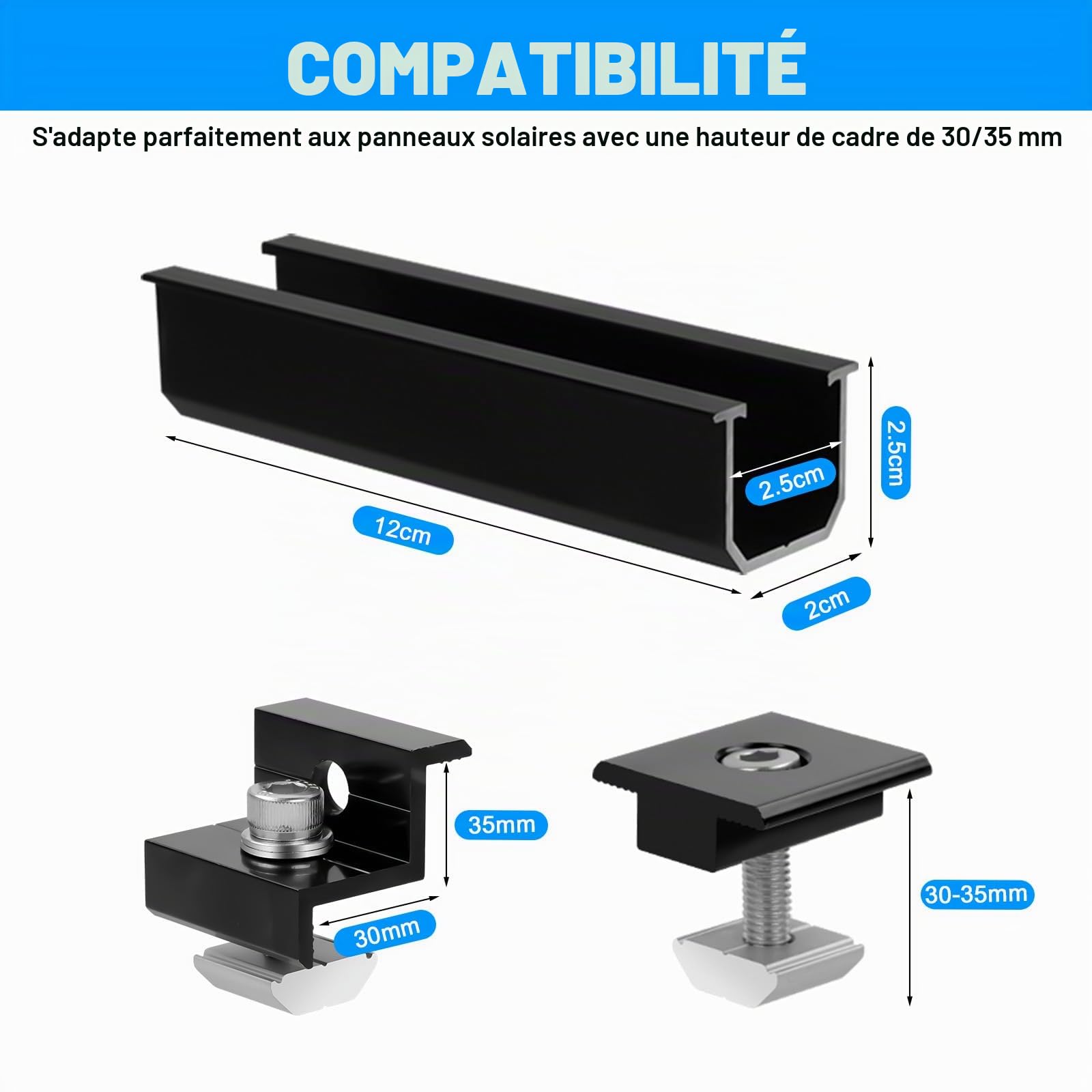 Support de Panneau Solaire pour 2 Modules, Rails Profilés en Aluminium de 12cm + Pince Réglable pour Modules de 30 à 35mm D'épaisseur, Kit de Montage pour Toit Plat, Trapézoïdal, Toit en Tôle