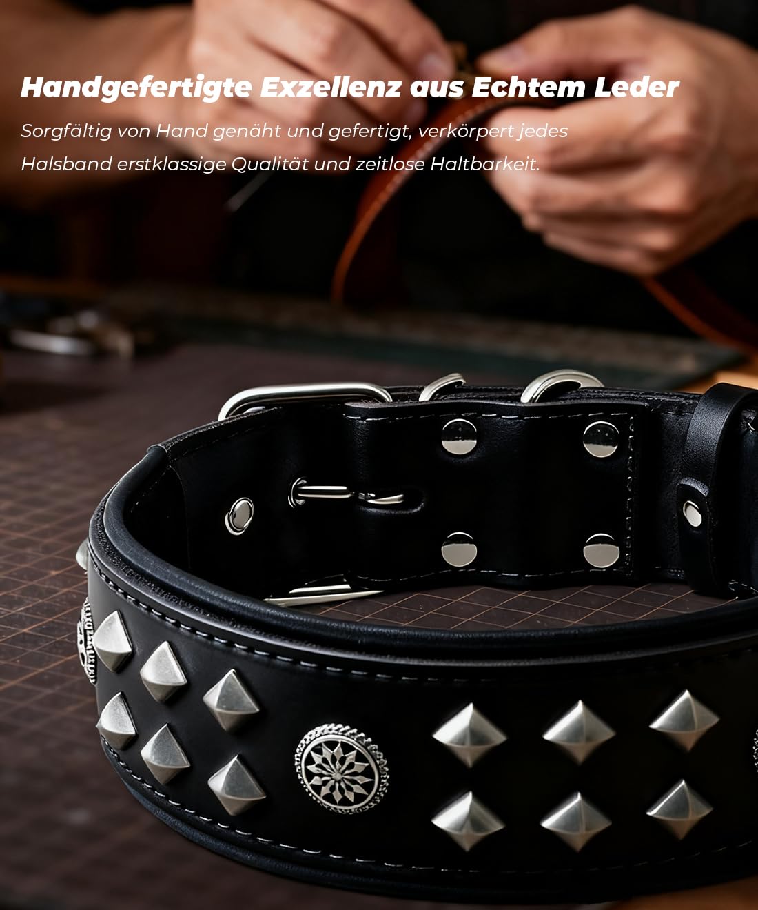 EliteGuard Collar de Perro de Cuero de 5,6 cm de ancho, hecho a mano con remaches y hebilla de acero inoxidable, para uso diario en perros grandes, color negro, 57,5-67,5 cm