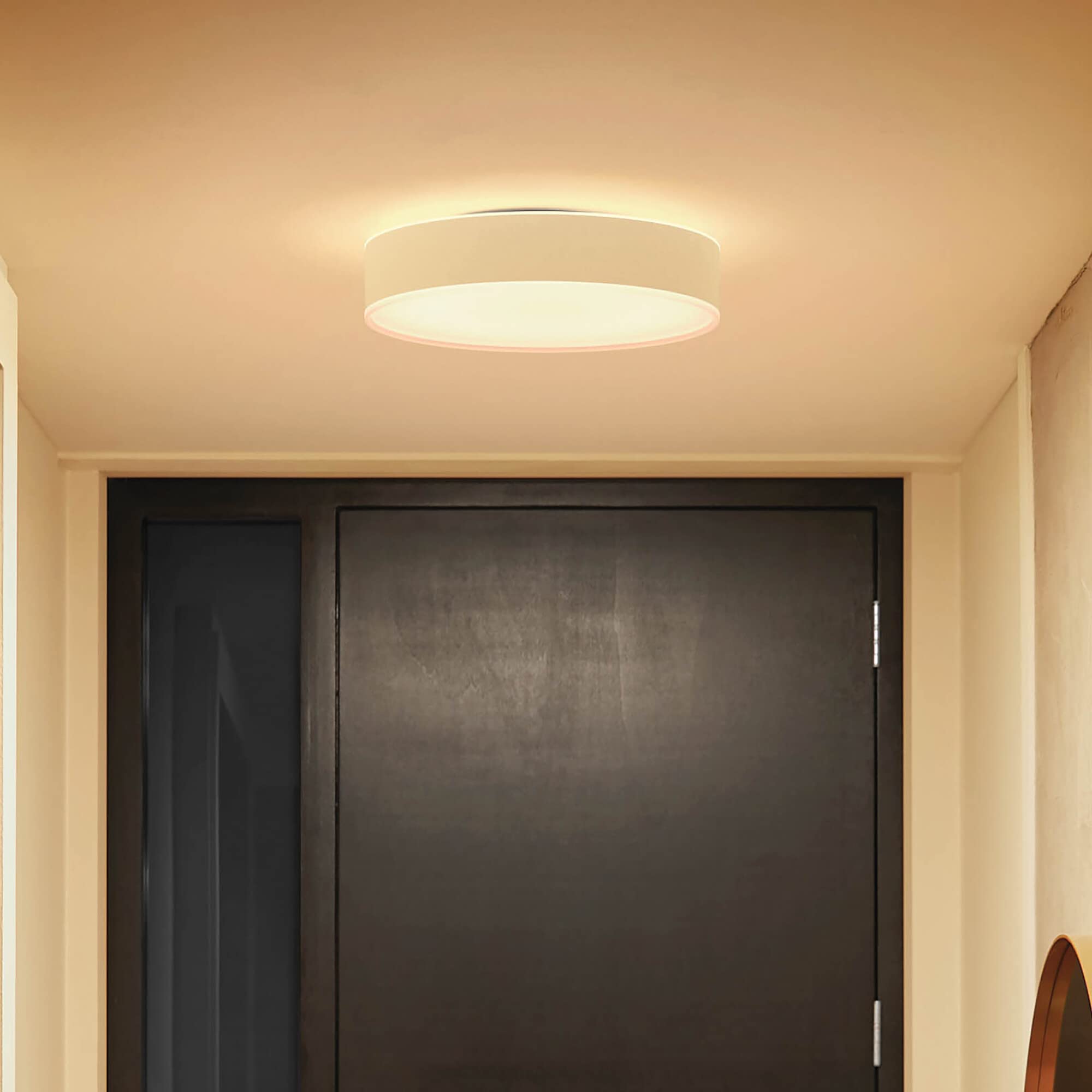 Philips Hue White Ambiance Enrave Deckenleuchte S (1.220 lm) inkl. Dimmschalter, dimmbare Deckenlampe für das Hue Lichtsystem mit allen Weißtönen, smarte Lichtsteuerung über Sprache und App, weiß
