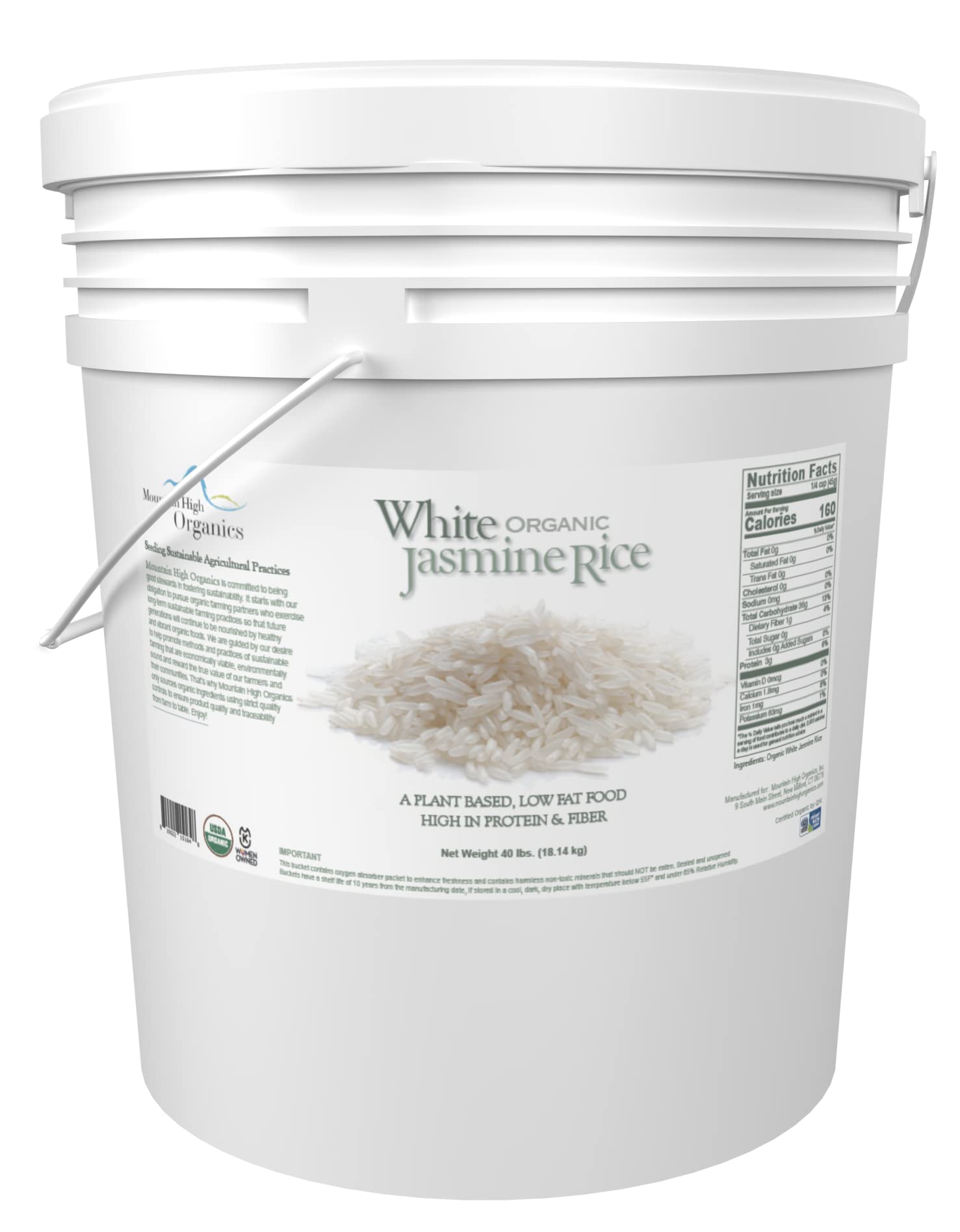 Mountain High Organics Inc. Certified Organic Jasmine White Rice 6G Bucket (40LBS)USDA Organic