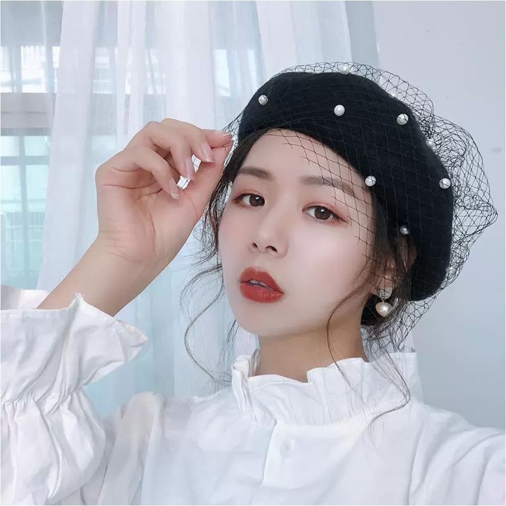 SIQITECHNO Berets Hat with Pearl French Beret Hats for Women Beret with Mesh Solid Color Hat for Winter Gift for Women