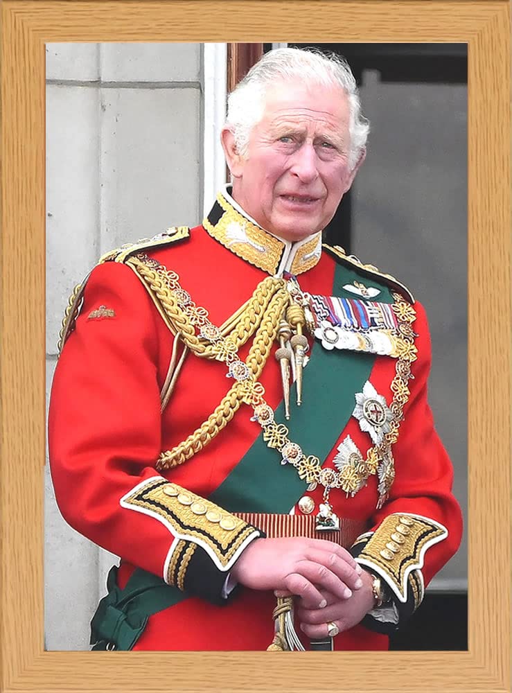 stortvalley King Charles III Portrait Framed Print, Royal Highness in Ceremonial Uniform, Real Glass, Oak Frame (SITTING ON THRONE)