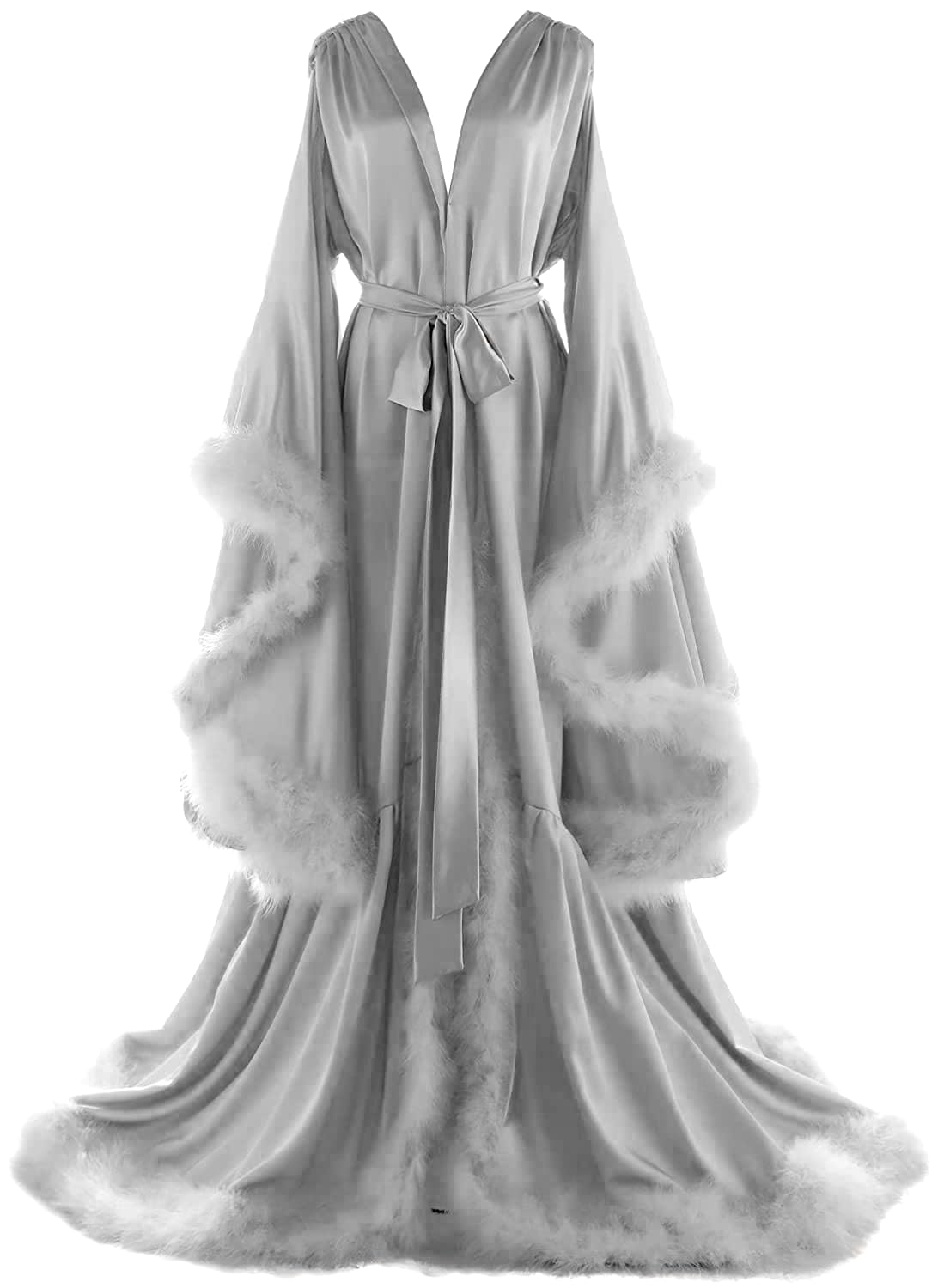 Daily Life Mall Women's Feather Bridal Robes Old Hollywood Maternity Photoshoot Nightgown Silk Bathrobe Long Lingerie: Large E-grey