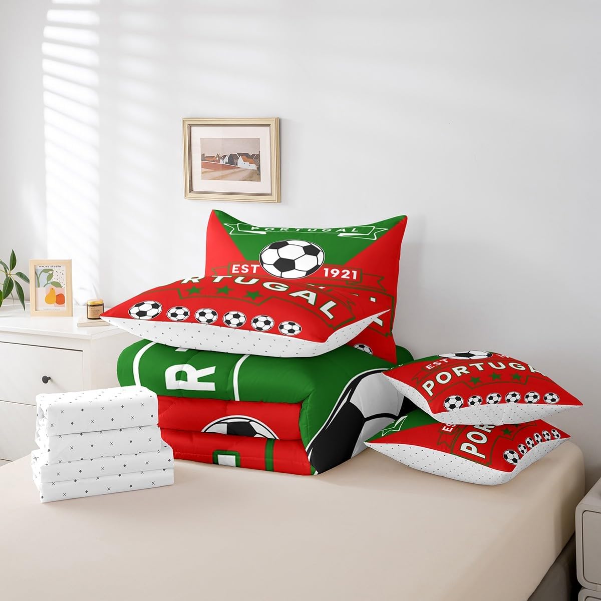 Feelyou Football Sport 7 Piece Bedding Set Twin Size Soccer Theme for Kids Boys Comforter Set with Sheets Portugal Football Teens Bed in a Bag Red Green Bed Set