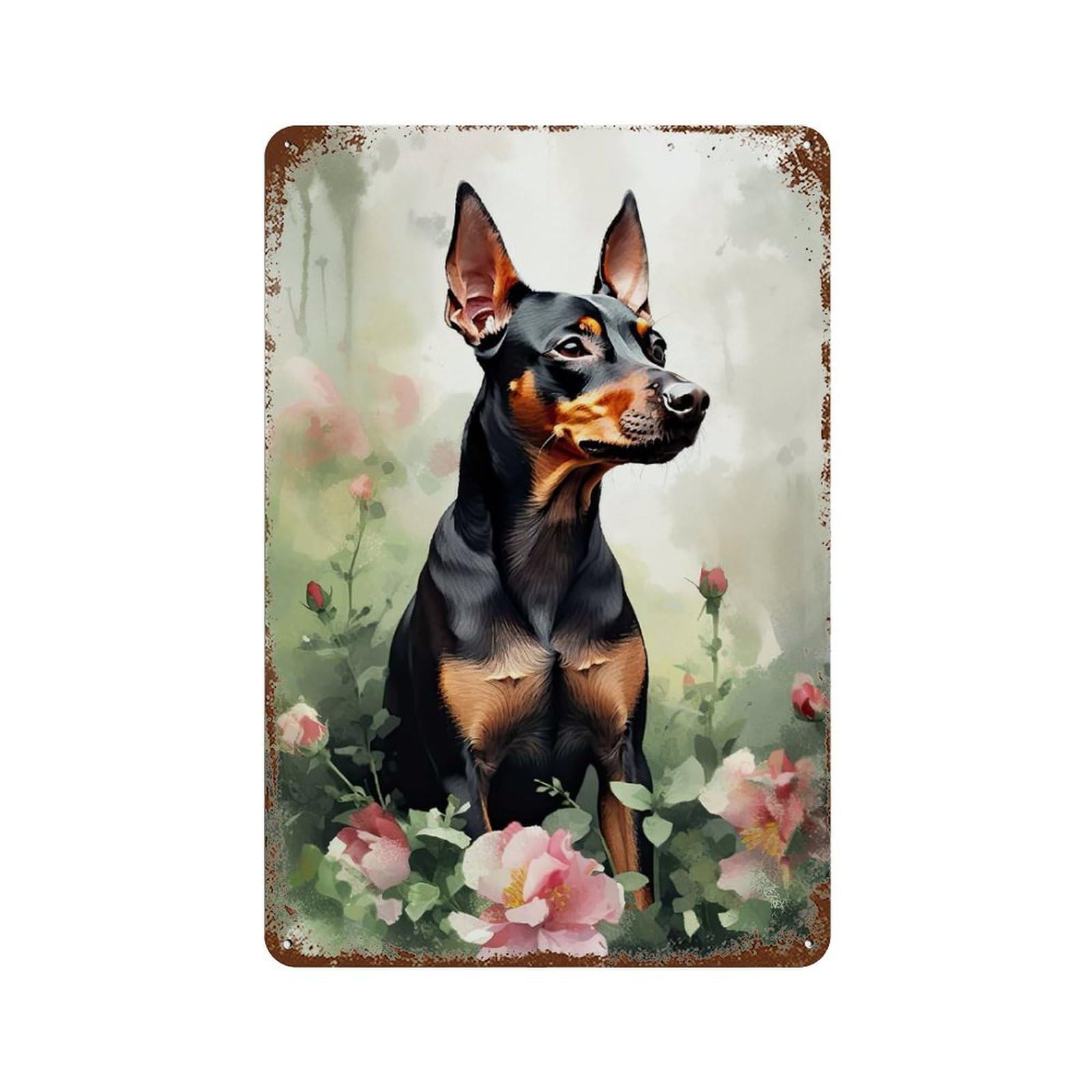 Garage Style Miniature Pinscher Flowers Aged Metal Wall Plaque 11.8"x7.9", Decorative Metal Wall Art for Bar And Workshop
