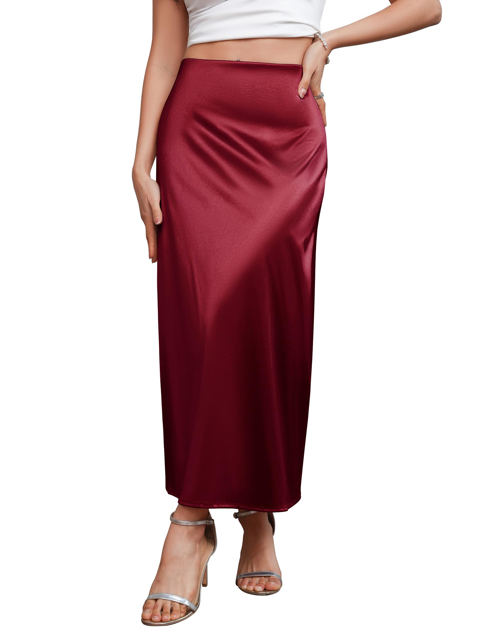 Long Skirt Satin High Waisted Skirts Silk A-Line Elegant Casual Work Cocktail Party Wedding Guest Flowy Long Skirts