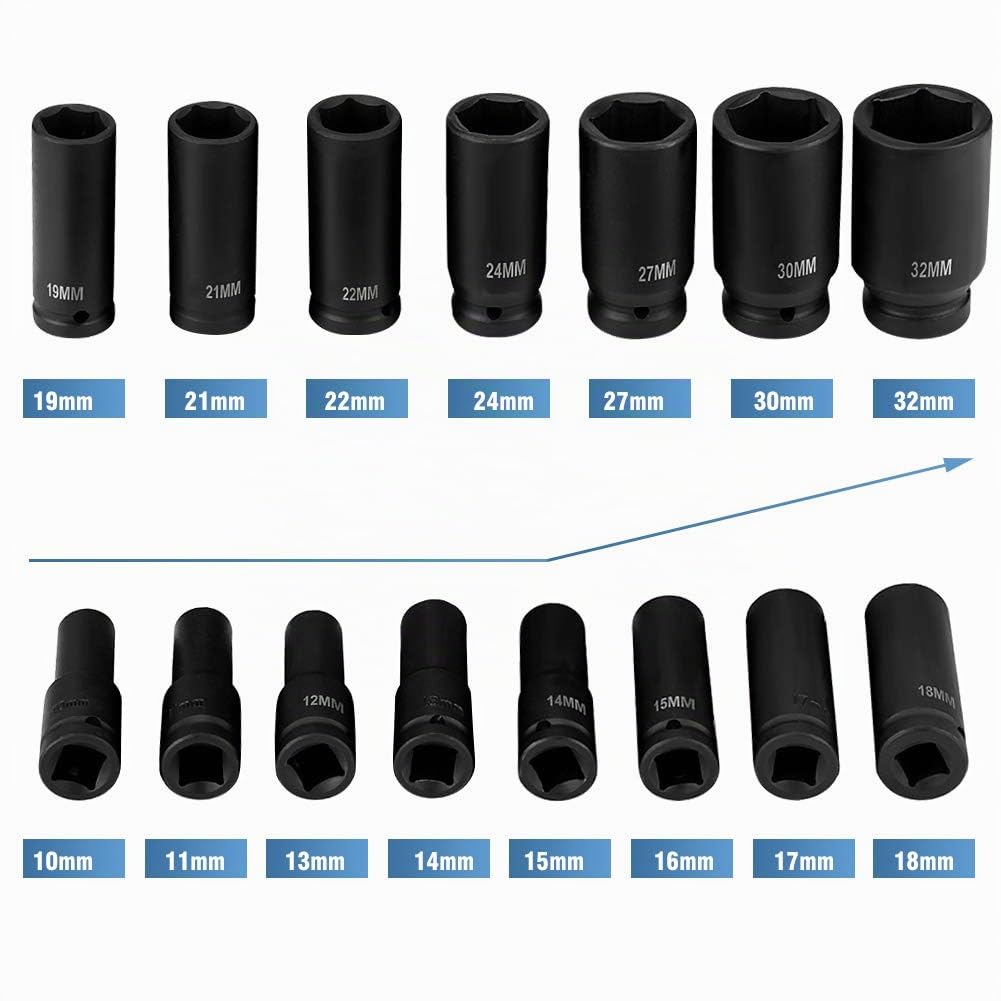 Schlagschrauber Nüsse Set, 16-Teilig, 1/2 Zoll Antrieb, Sechskant 10mm-32mm, mit Werkzeugkasten