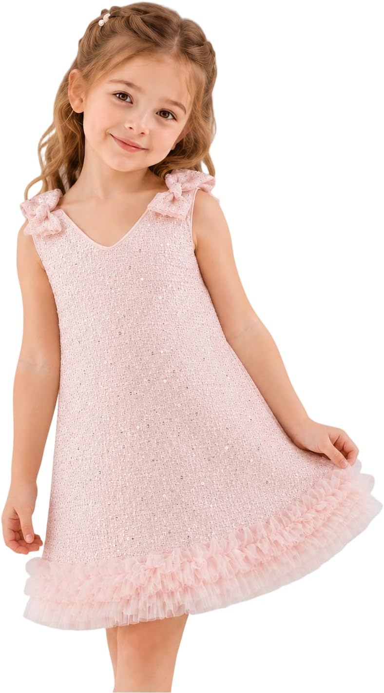 Tutu.kk Girls Sparkly Sequin Dress Bow Shoulder Sleeveless A Line Party Outfit Wedding Gown Dress
