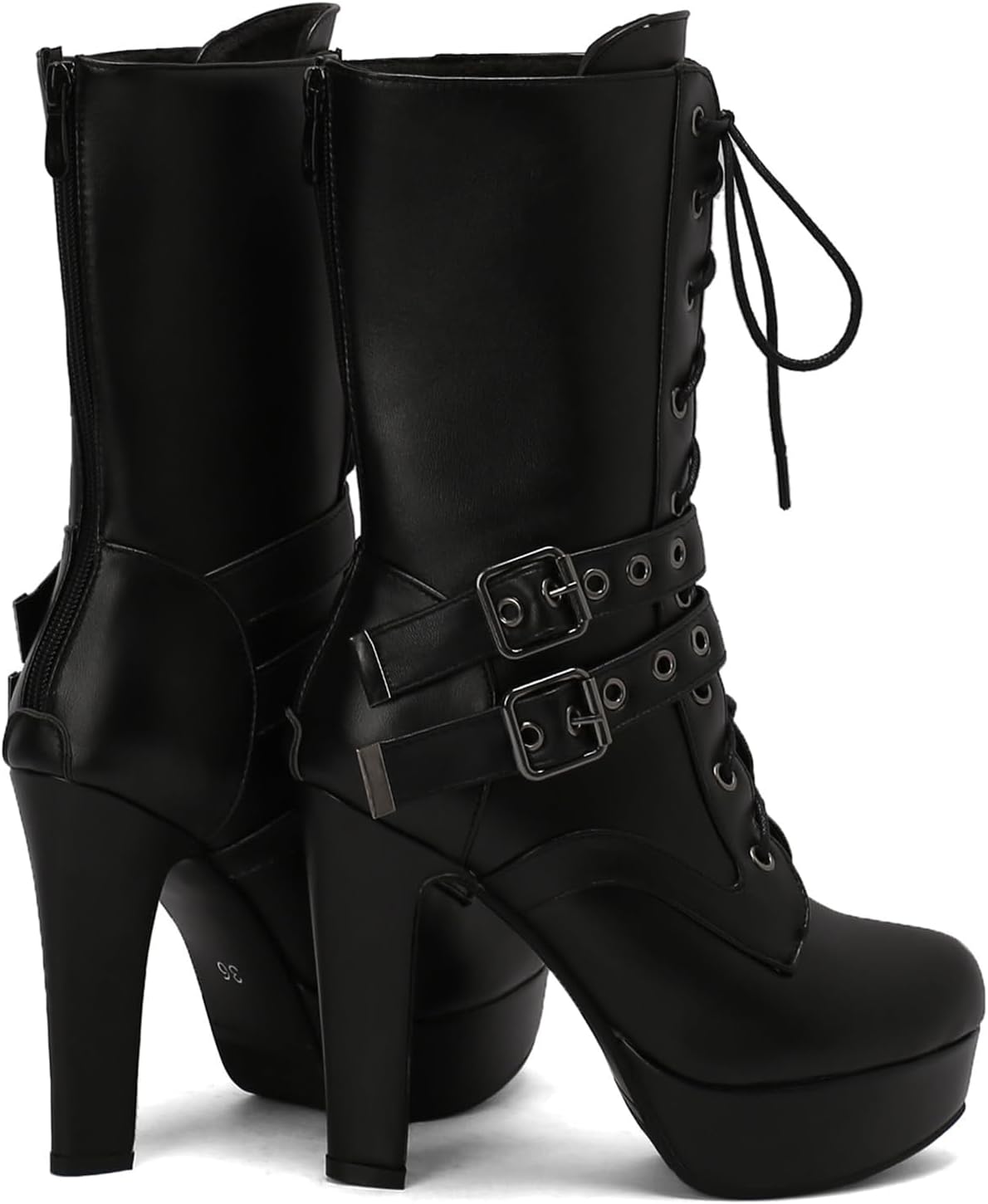 ZKXYFFS Women's Goth Leather Block Heel Ankle Boots Chunky High Heel Fashion Platform Lace Up Buckle Punk Combat Short Booties