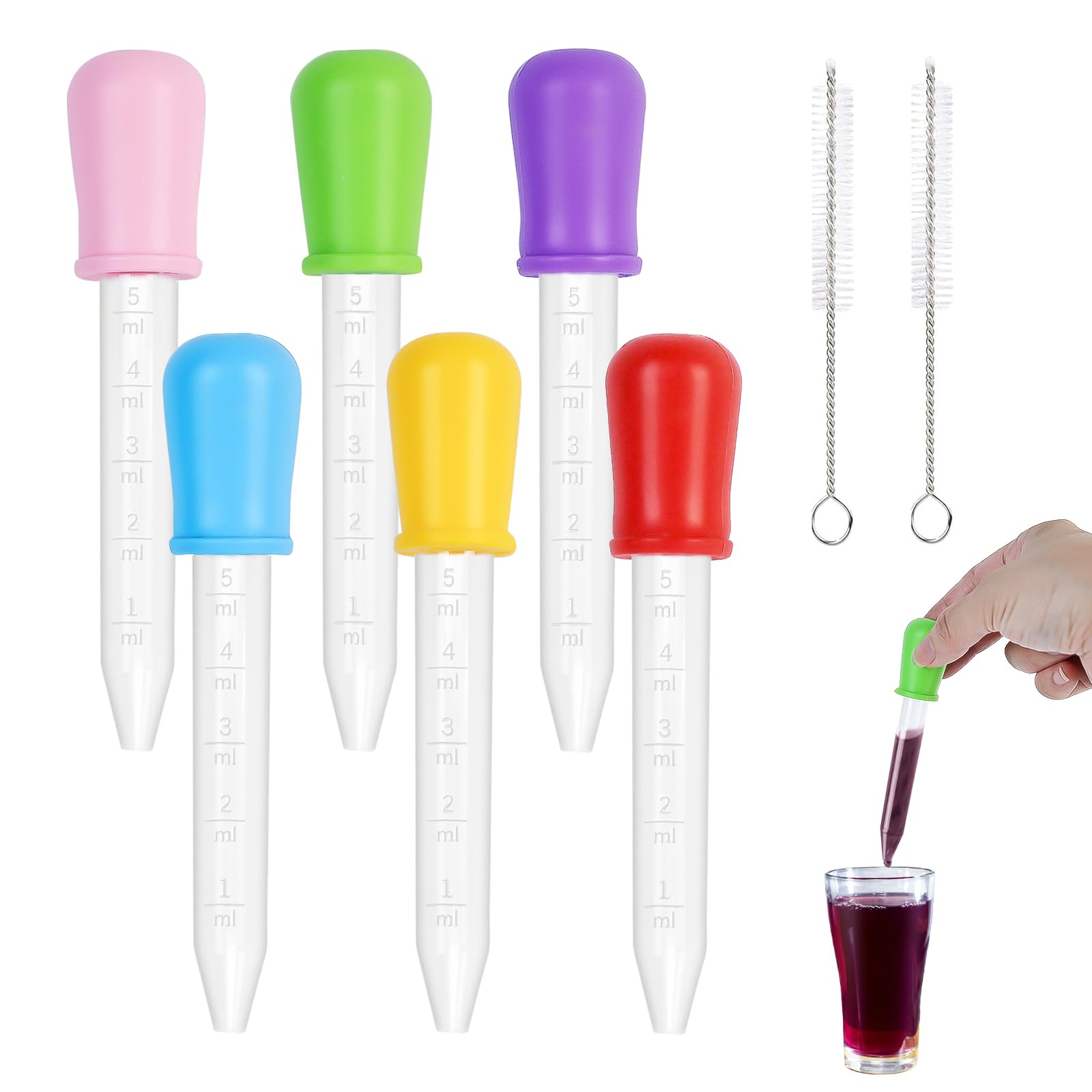 Oslynia 6 Pcs Pipette, 5ml Silicone Plastic Dropper Bottle, Suitable for Feeding Pipette Baby, Eye Dropper, Droppers for Liquid or Kitchen Use with Gummy Bear Molds (with Cleaning Brush)