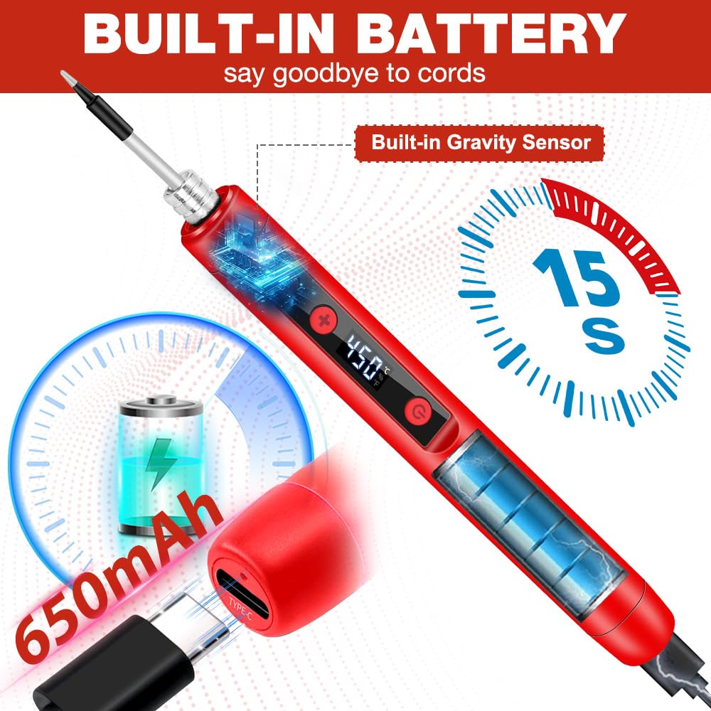Set saldatore, saldatore a batteria USB con LCD, 180 ℃-450 ℃, ferro portatile con filo di saldatura, cassetta degli attrezzi, 3 punte per saldatore, ecc. per piccole riparazioni come circuiti stampati