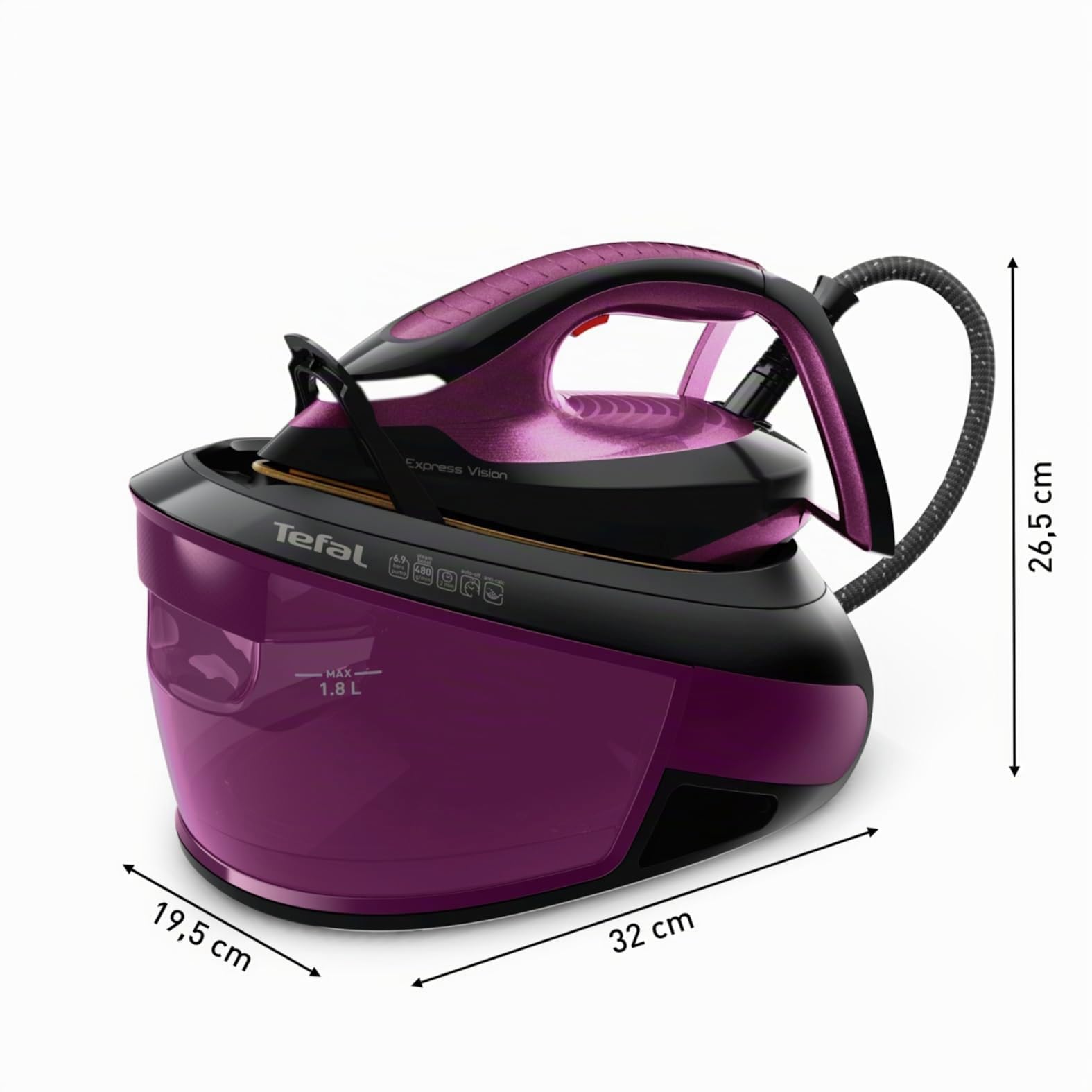 Tefal Express Vision, leistungsstarker 6,9-Bar-Druck, Dampfstoß: 480g/Min., Smart Temp-Technologie, LED Beleuchtung, abnehmbarer Kalk-Kollektor, Eco-Modus, 1,8 L Wassertank, lila/schwarz, SV8152