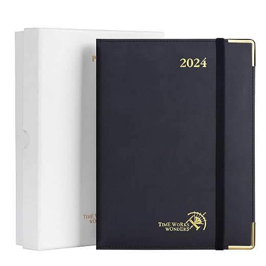 POPRUN 2024 Weekly Planner (6.5'' x 8.5''), Vertical Daily Weekly and Monthly Calendar with Monthly Tabs & Hourly Time Slots, Vegan Leather Hardcover + [GIFT BOX], 100 GSM Paper - Black