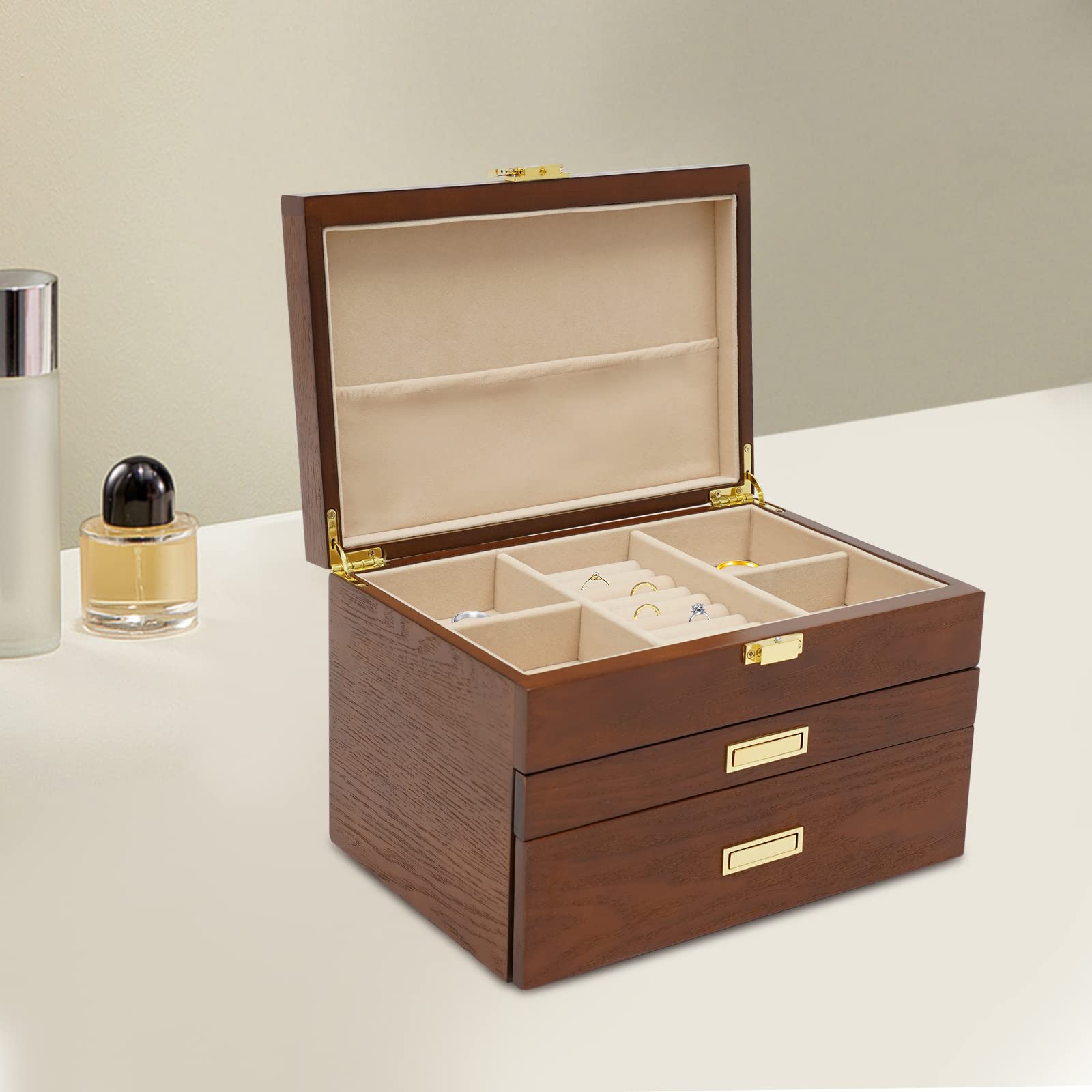 3-Schichten Schmuckkasten aus Holz, Schmuckaufbewahrung, Schmuckschatulle, Massivholz-Organizer Aufbewahrungsbox mit Schloss und Spiegel für Schmuck, Ringe, Ohrringe, Braun