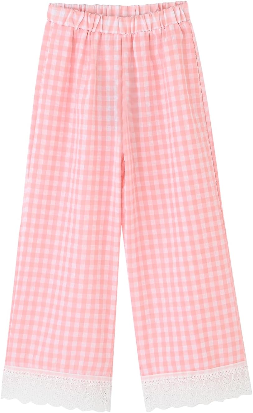 Toddler & Little Girls' Gingham Wid Leg Pants with Lace Trim