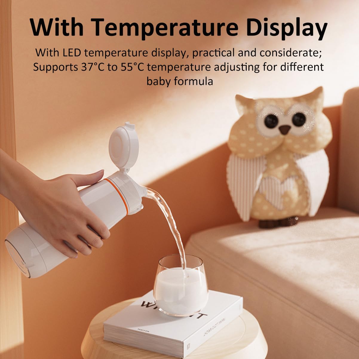 Portable Chauffe Biberon usb rechargeable Chauffe-Lait 350Ml Chauffe-Eau Pour Eau, Lait, Lait Maternel Tempérture Réglable 37°C a 55°C, Couvercle thermostatique pour la voiture, l'extérieur