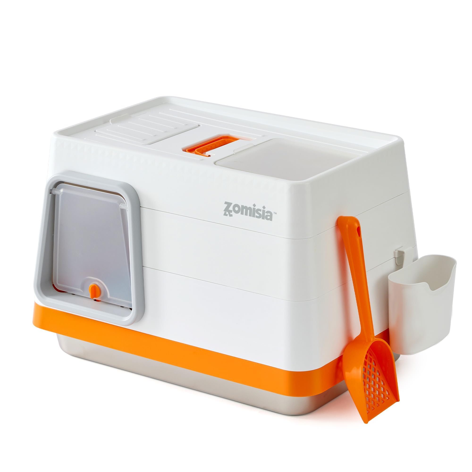 Stainless Steel Cat Litter Box, Extra Large Covered Litter Box with Lid, Scoop, Odor Control Filter, XL Side/Top Entry Enclosed Cat Boxes for Big Kitty