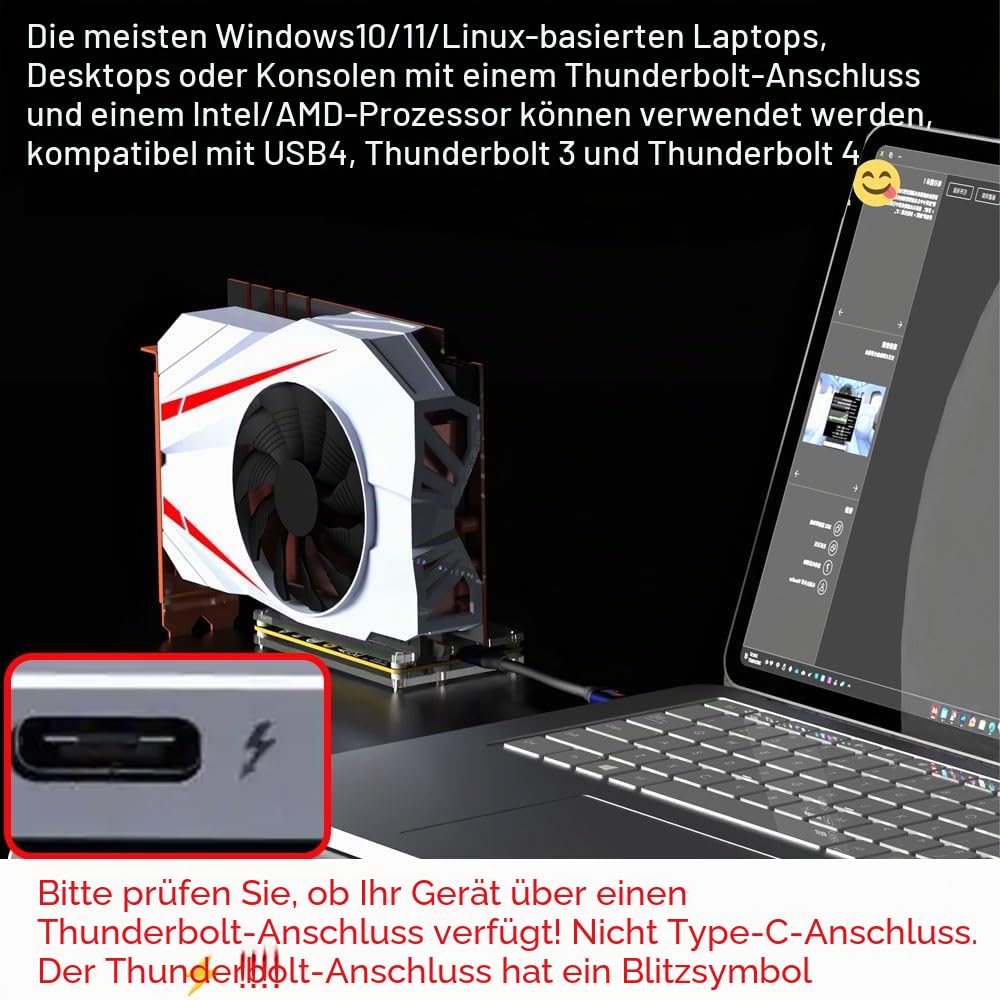 PCIE 3.0 x16 22Gbps eGPU Dock, Thunderbolt 4 Kabel, kompatibel mit externer GPU Intel AMD Grafikkarte für Windows Laptop Konsole mit Thunderbolt 3/4 USB 4, angetrieben durch PD/8Pin CPU/Molex/DC5521