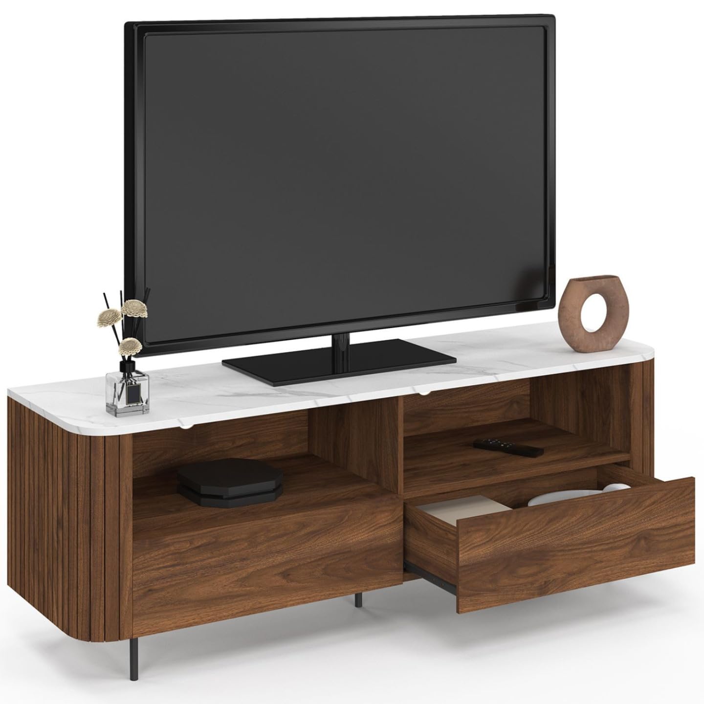 IDMarket - Meuble TV 140 cm Marla Noyer Effet Lattes 2 tiroirs et Plateau marbre Blanc Alaska