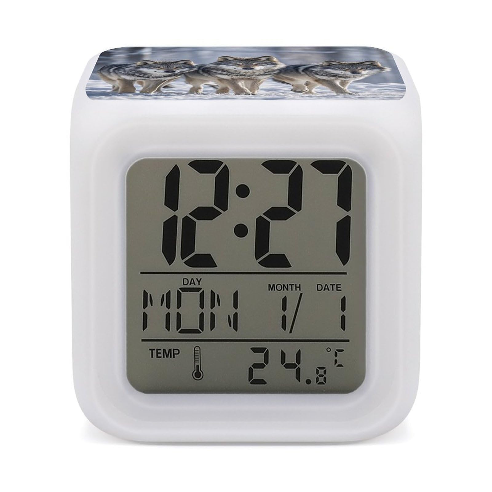 Reloj despertador con luces LED cambiantes y termómetro digital con diseño mini de lobo
