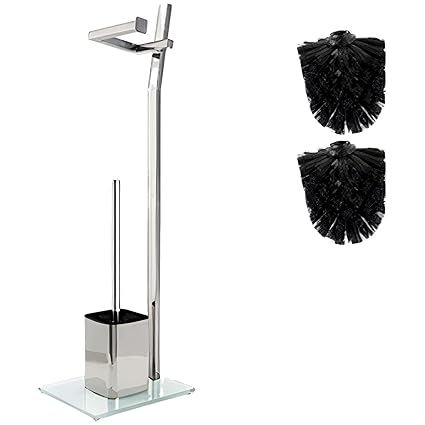 WC Set - Shiny Chrome 22x18x70cm Toilet Paper Holder and Toilet Brush incl. Stainless Steel Chrome Plated Strong Glass Base Plus: 1+2 Replacement Toilet Brush Heads!