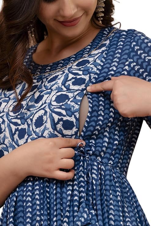 Image of Maternity Feeding Anarkali Kurti Dress for Women | Cotton Nursing Kurta with Both Side Zippers | Pregnancy & Nursing Wear | Comfortable Ethnic