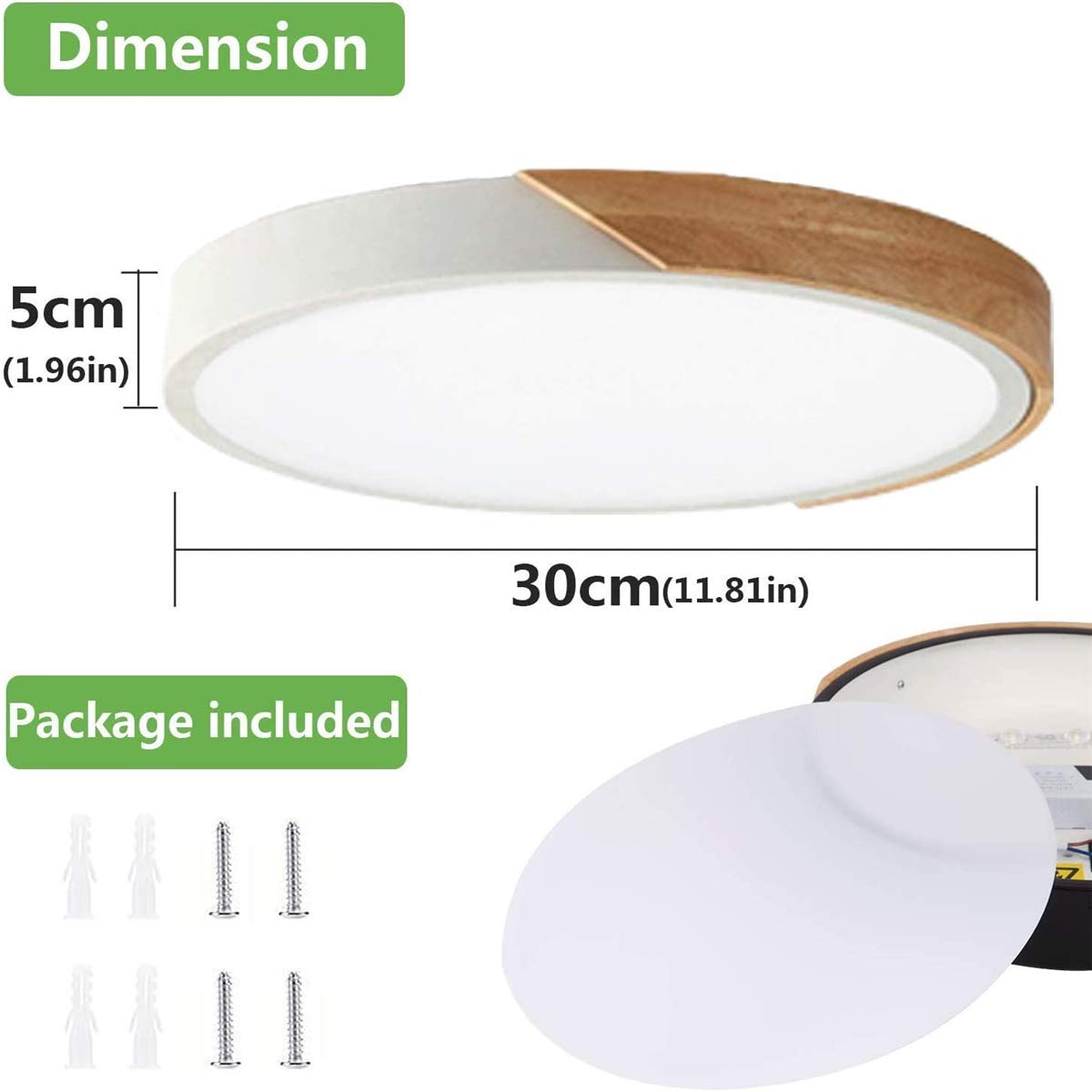 Plafonnier LED En Bois Moderne À Encastrer, 12 Pouces 2400LM 6500K, Luminaires De Lampe En Bois Rond Ultra Mince Pour Cuisine Salle De Bain Salon Chambre Couloir,Bleu,Tricolor light