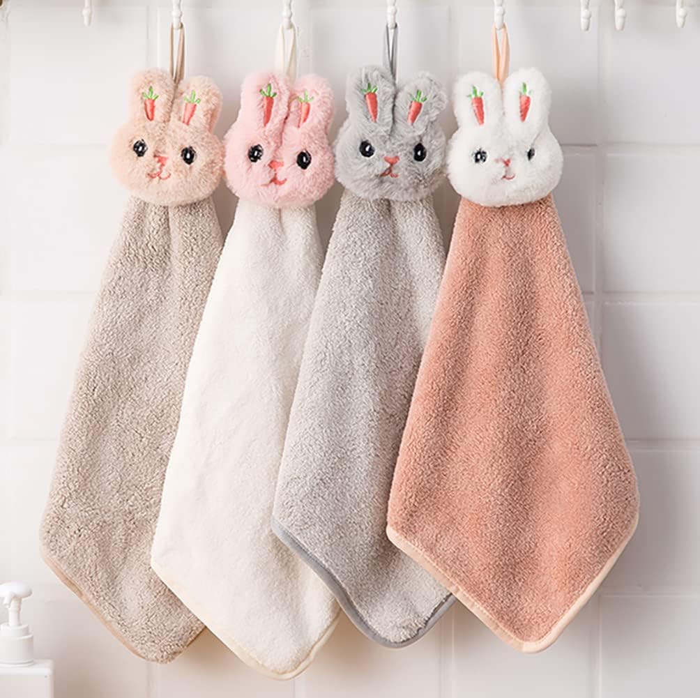 4 Pack Hanging Hand Towels for Bathroom&Kitchen,Ultra Thick Hand Towel with Hanging Loop,Cute Child/Kids Microfiber Rabbit Hand Towels.Soft,Absorbent,Fast Drying,Reusable,Stylish&Attractive