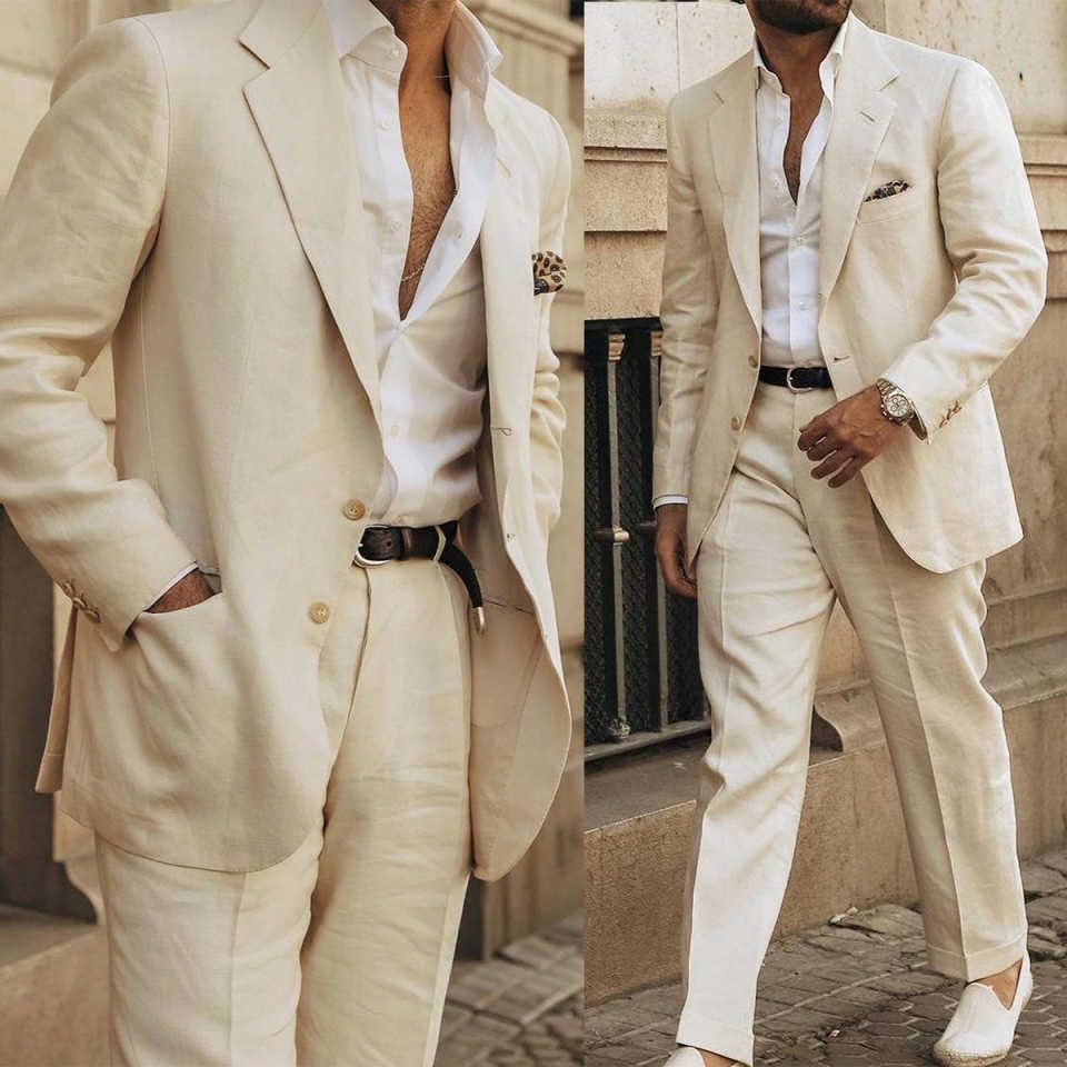 Men's 2-Piece Linen Suit, Notched Lapel, Single Breasted, Beige, Summer Wedding Formal Wear4