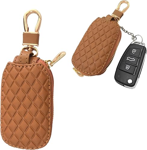 Miniatura 7 de Dickno Funda para llaves de automóvil, de cuero auténtico, soporte inteligente para llavero inteligente, funda protectora antiarañazos con gancho de