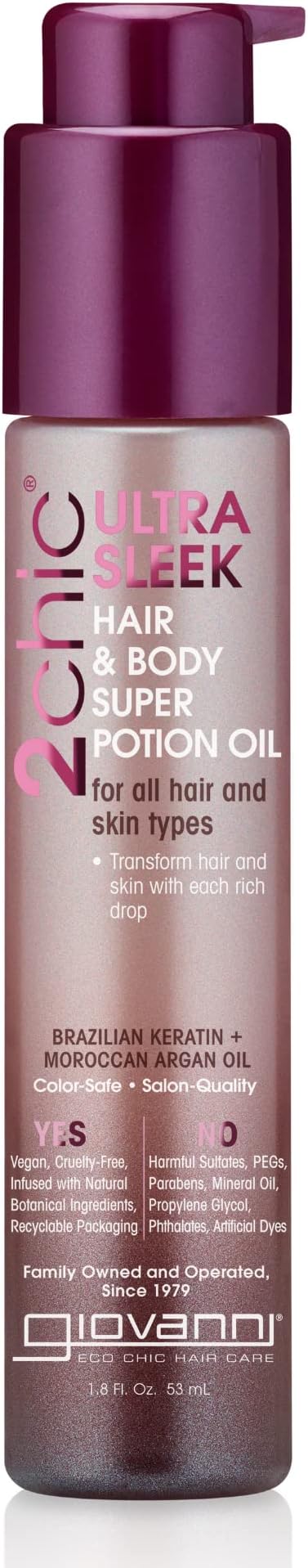 2chic Ultra-Sleek Hair Super Body Potion - Brazilian Phyto-Keratin, Moroccan Argan Oil for Hair, Smoothing & Nourishing Formula, Hair Oil Serum, Helps Reduce Frizz - 1.8 oz