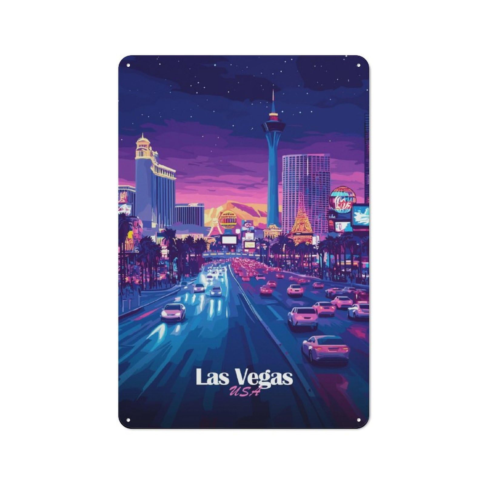 Junmoney Las Vegas Skyline Night Tin Wall Plaque 30X20cm With For Bar Or Restaurant, Suited To Bar Decor Enthusiasts