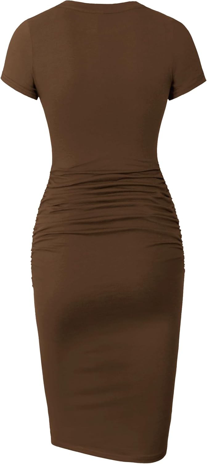 Missufe Women's Short Sleeve Ruched Casual Sundress Midi Bodycon T Shirt Dress - Image 4