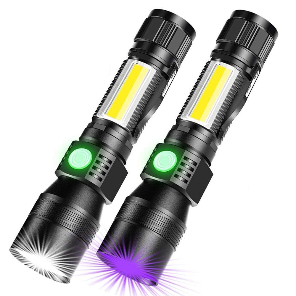 TERRIFI USB Rechargeable Torches, 3 in 1 Super Bright Torches LED Rechargeable, with whitelight redlight & UV, Super Bright Waterproof LED Torch, 7 Modes, Zoomable, for Camping, Emergency (2 Pcs)