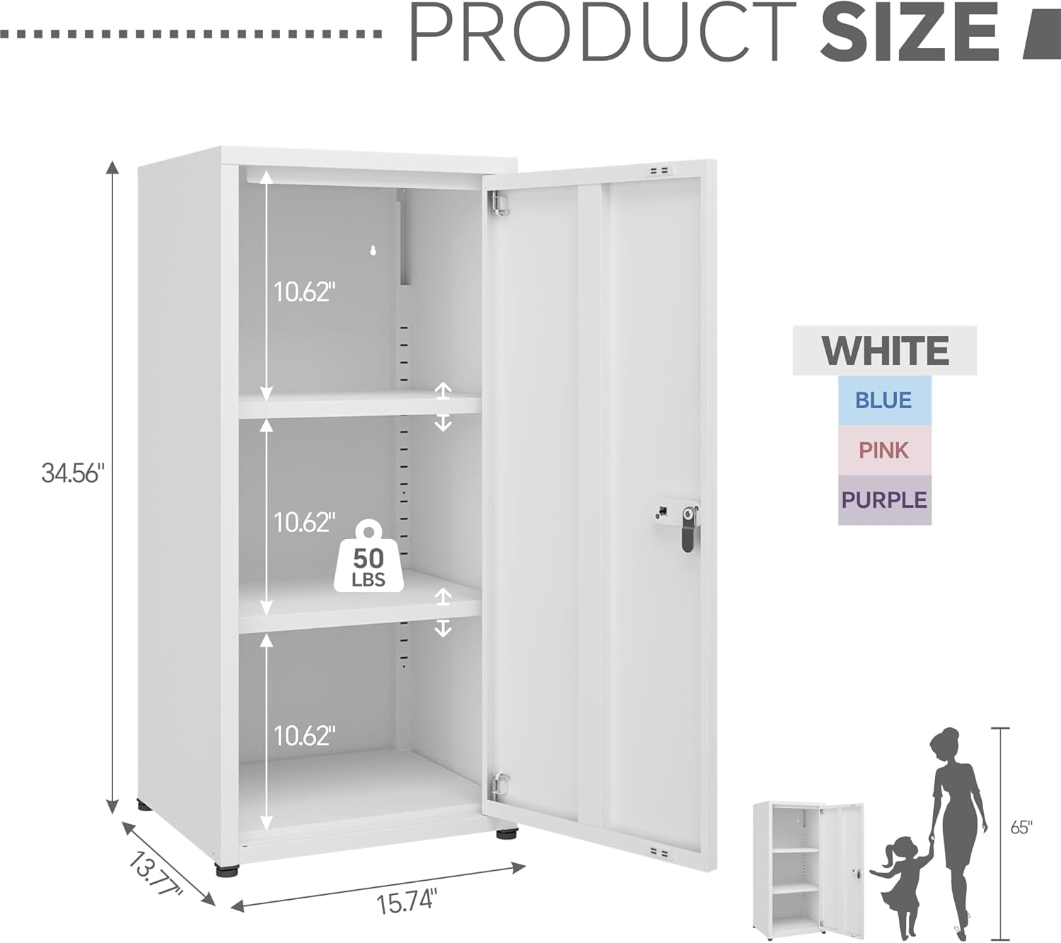MIOCASA Metal Storage Cabinet with Lock, 3 Adjustable Shelves Single Door Steel Locker for Home, Office & Garage (White)
