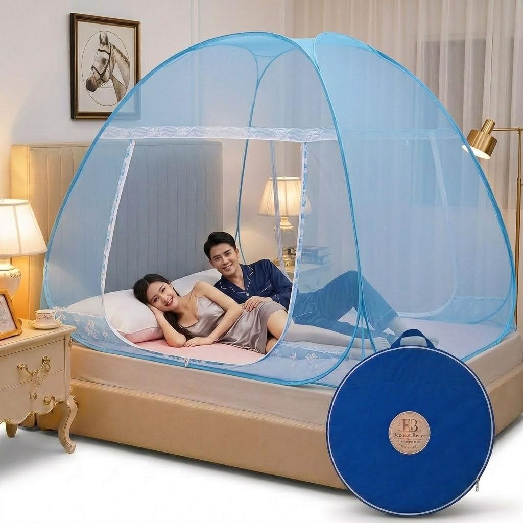 bed mosquito for king size bed | foldable pop up polyester machardani | strong fine mesh | double zipper entry | washable | sky blue