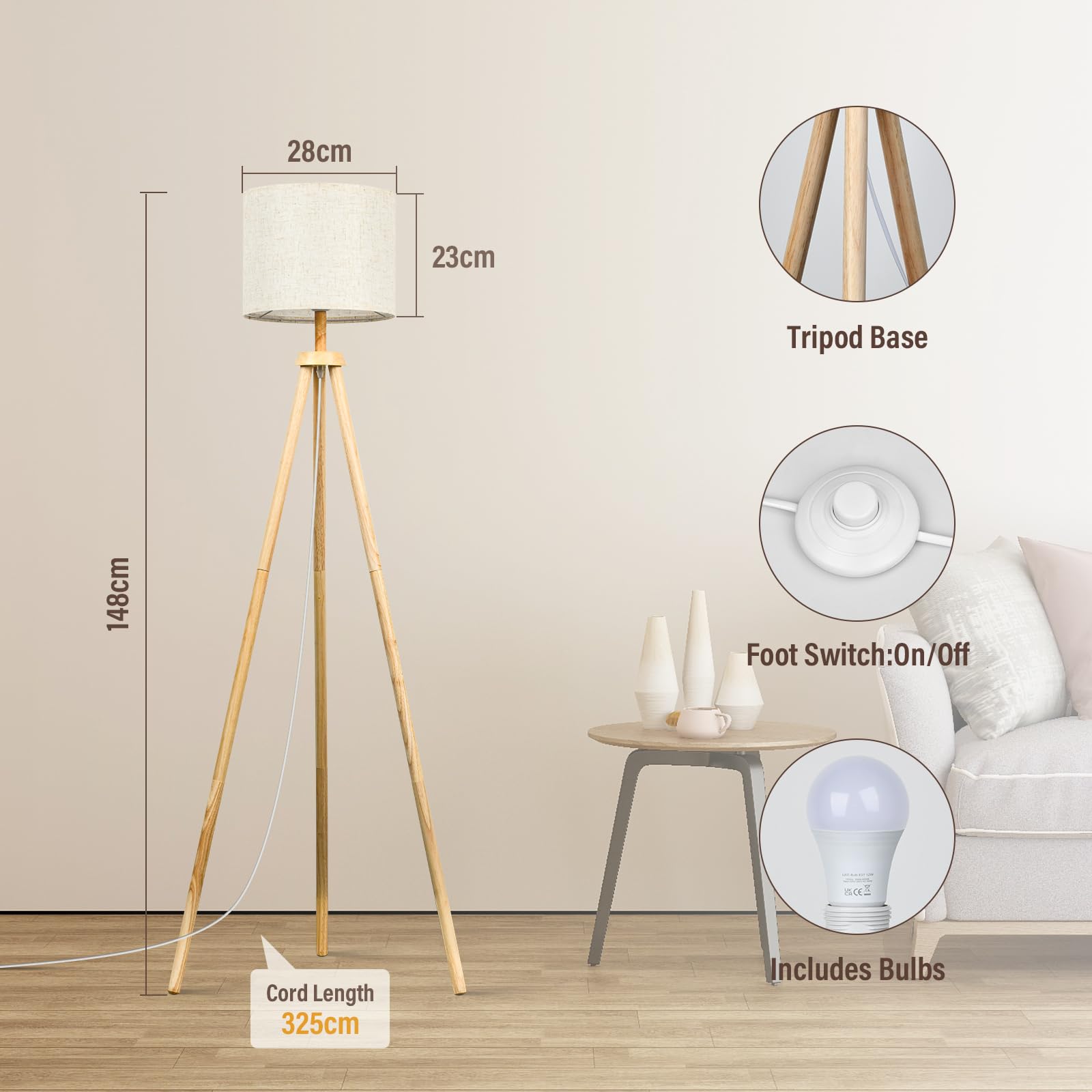 NIKYJM Lámpara de pie Trípode de Madera Regulable con Bombilla E27 12W 3 Colores 3000K-6000K Lámpara de pie con control remoto para sala de estar Oficina