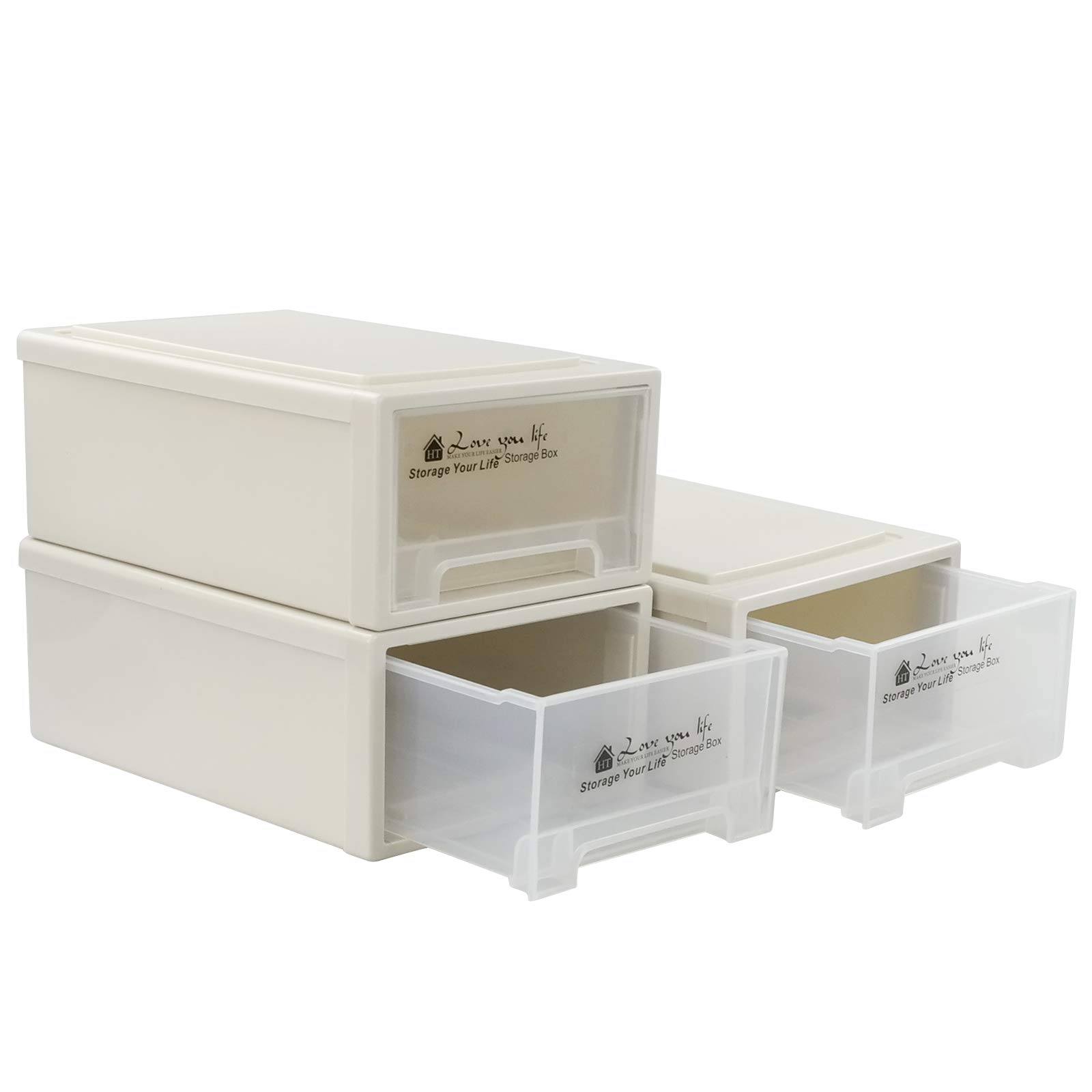 Qqbine 6.8 Litre Clear Stacking Storage Drawer Unit Plastic Frontbox, 3 Packs