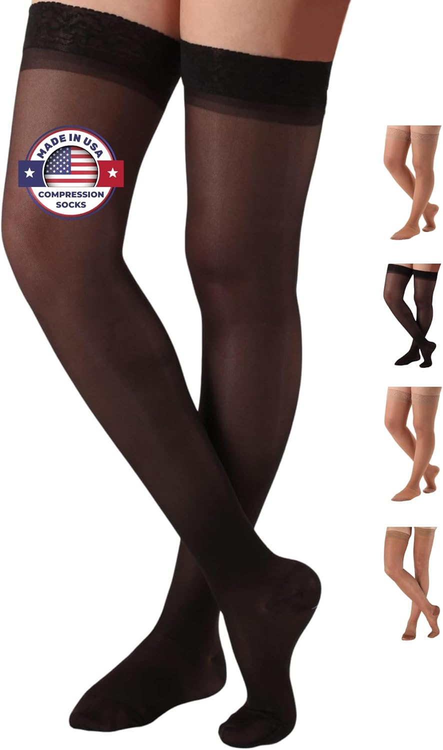 ABSOLUTE SUPPORT Made in USA - Sheer Compression Thigh High Stockings with Silicone Border for Women 15-20mmHg | For Travel, Airplane, Flight - Black, Large, A102BL3