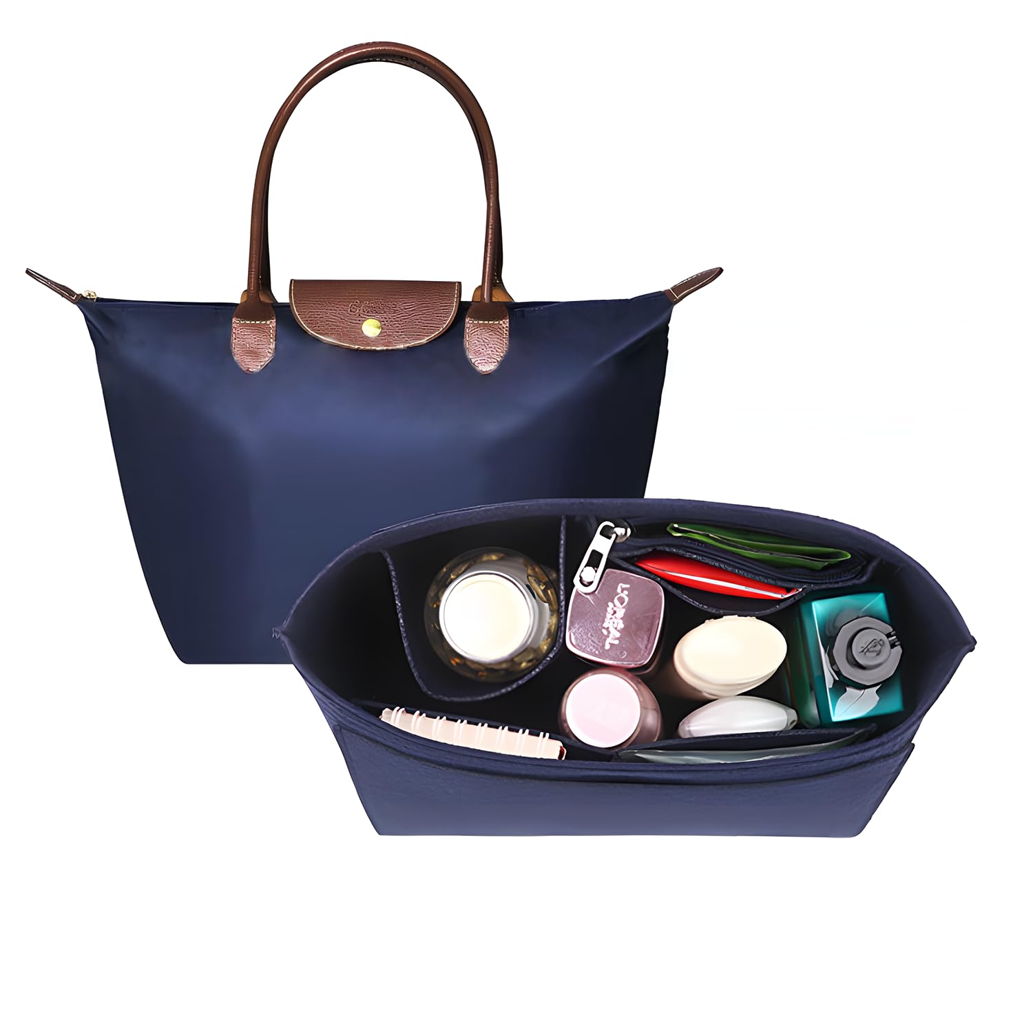 Longchamp filcowy organizer na torebki z wieloma kieszeniami z zamkiem błyskawicznym, składana torba na ramię Longchamp (niebieski, L)