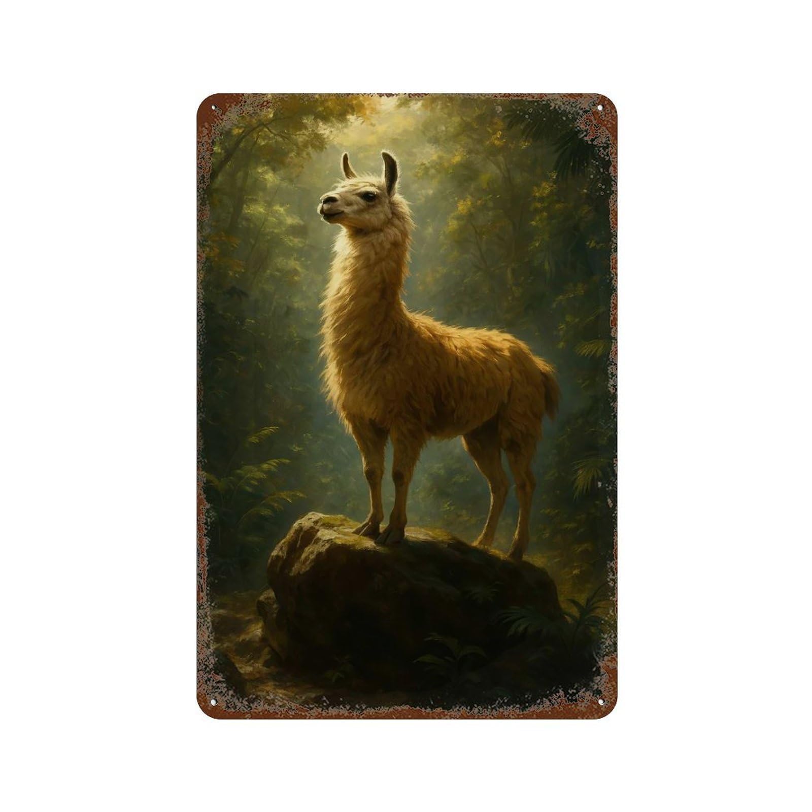 Llama Portrait in Forest Setting Rust Effect Tin Sign 11.8"x7.9", Vintage Wall Decor for Bistro, Counter And Cafe Decor
