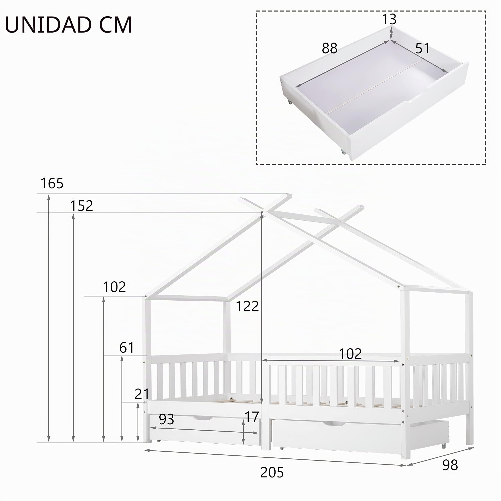 ModernLuxe Cama para niños 90 x 200 cm, Cama Infantil con cajones y Somier Estructura de Madera Pino En diseño de Casa con Reja de Seguridad Protección Blanco (sin colchón)
