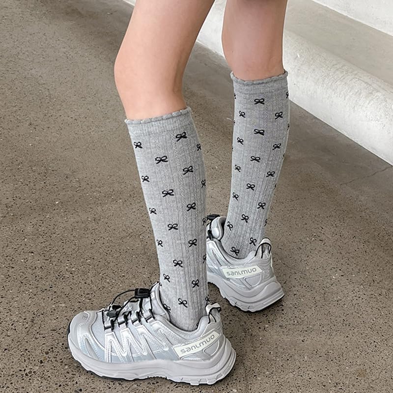 2 Pairs Women's Retro Ruffled Edge Bowknot Mid-Calf Socks, Gray With Black Polka Bows, Breathable Lace Detail, For Casual Or Dressy Outfits2
