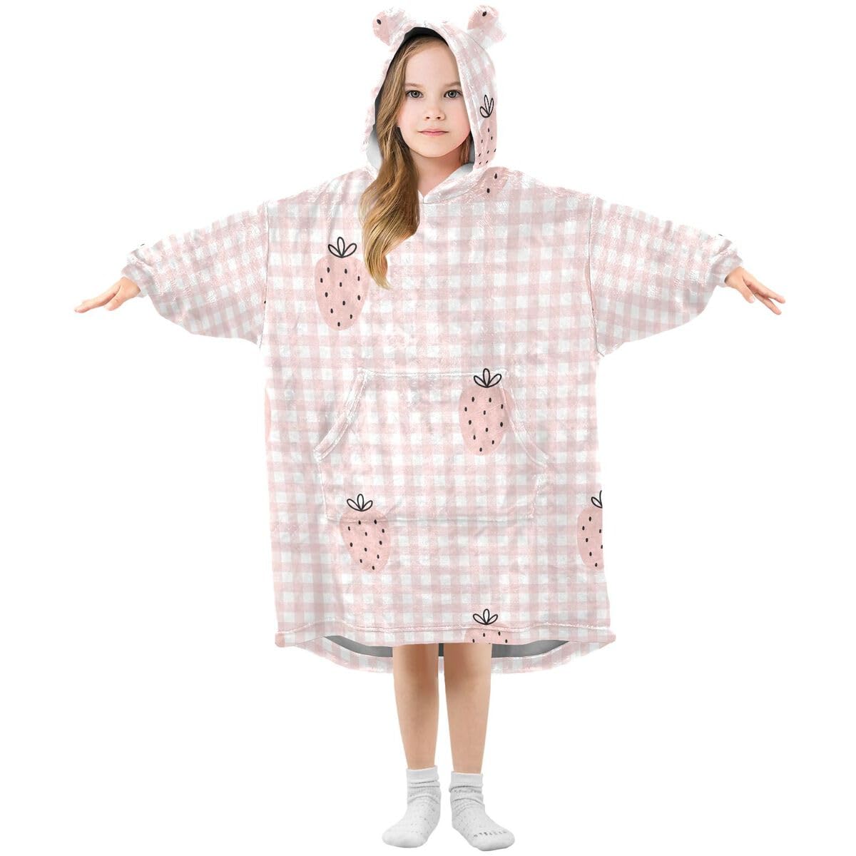 Różowa truskawka dziecięcy koc do noszenia bluza z kapturem oversize bluza koc sweter w kratę dla chłopców i dziewcząt w wieku 3-14 lat