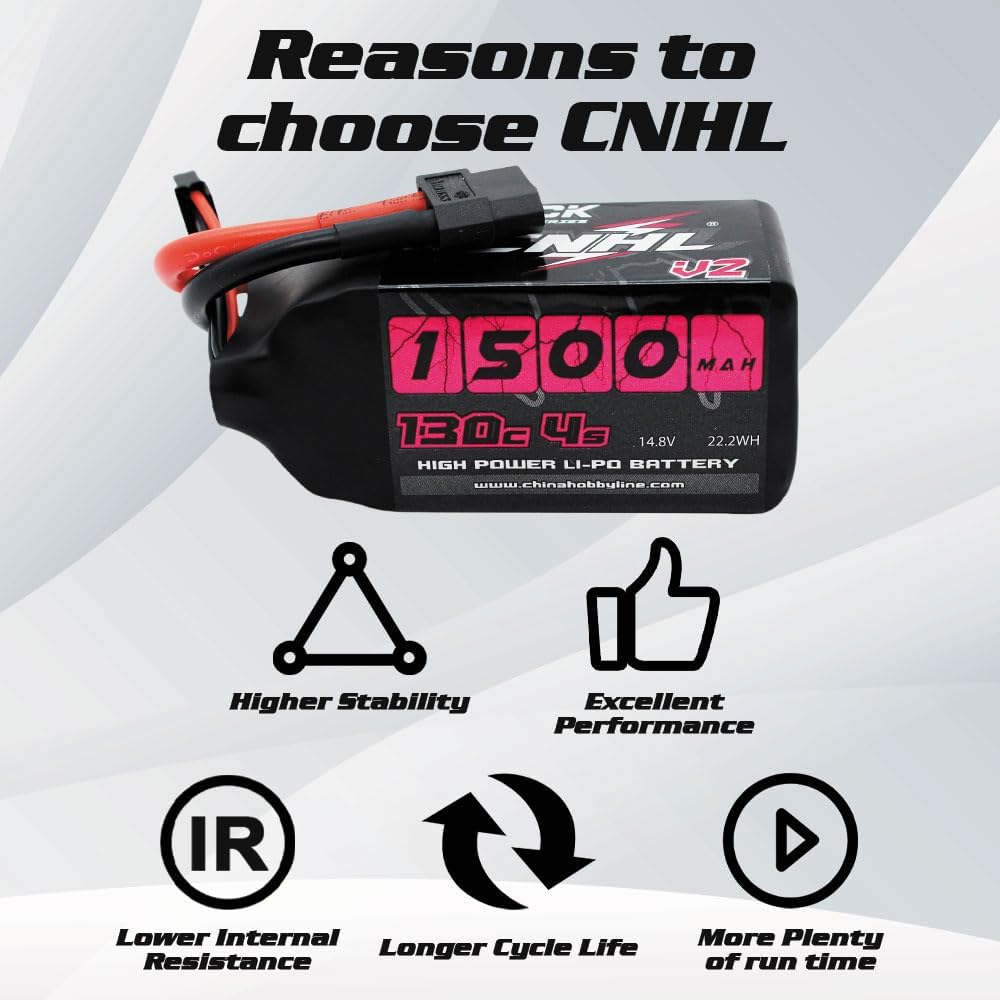 CNHL 1500mAh 130C 4S Lipo Battery 14.8V with XT60 Plug for FPV Drone Racing RC Quadcopter Helicopter Airplane Boat Car(2 Packs)