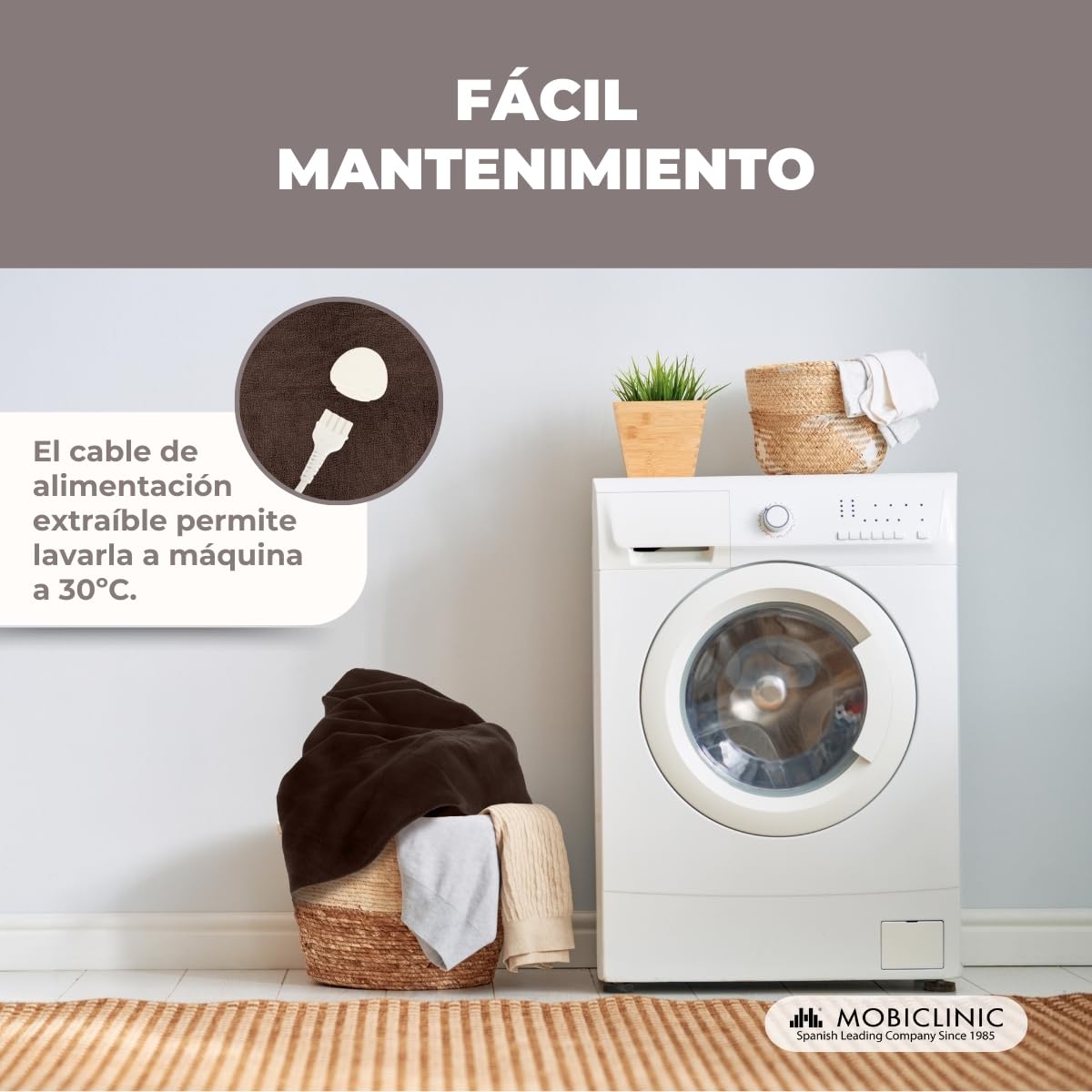 Mobiclinic, Manta eléctrica, 160x120 cm, Temperatura regulable, Muy bajo consumo, 100w, Apagado automático, Lavable, Térmica con mando, 3 ajustes de calor, Calentamiento rápido, Marrón