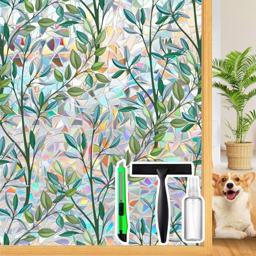 Image of Rainbow Privacy Film with Cutting Line, 3D Decals Stained Glass Window Clings, Static Cling Window Sticker, Suncatcher, 17.5 inch x 78.74 inch