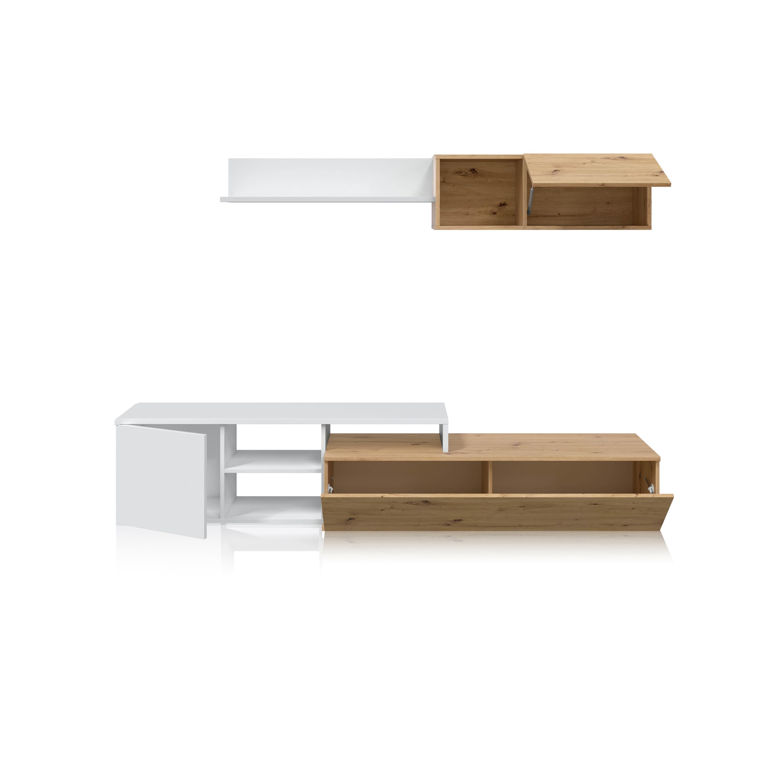 duehome | Conjunto de Salon Reversible, Mueble de Salon, Modulos de Comedor, Modelo Kate, Acabado en Roble Nodi y Blanco Artik, Medidas: 221 cm (Ancho) x 44 cm (Alto) 40 cm (Fondo)