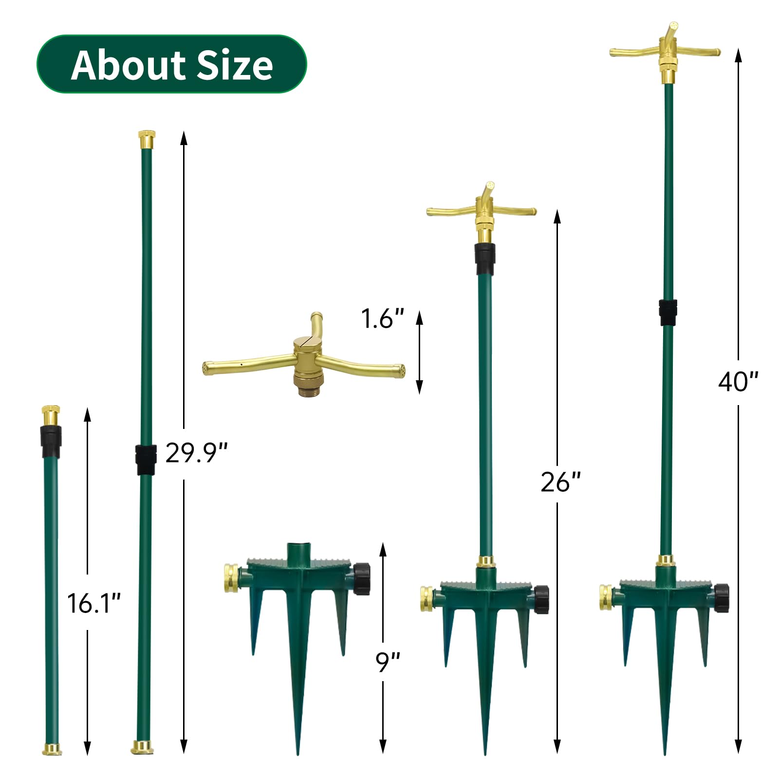 Aspersor de jardín giratorio de 360° de 3 brazos, paquete de 2 aspersores telescópicos con estaca, aspersor de agua de latón para césped de jardín para grandes áreas de hasta 40 pulgadas
